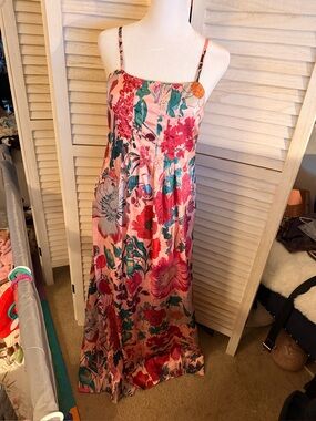 Floral Pink Maxi Dress with Adjustable Spaghetti Straps small but adjustable